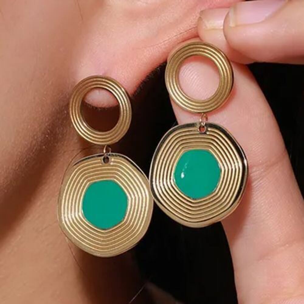 18k gold‎ plated stainless steel and green circular geometric earrings